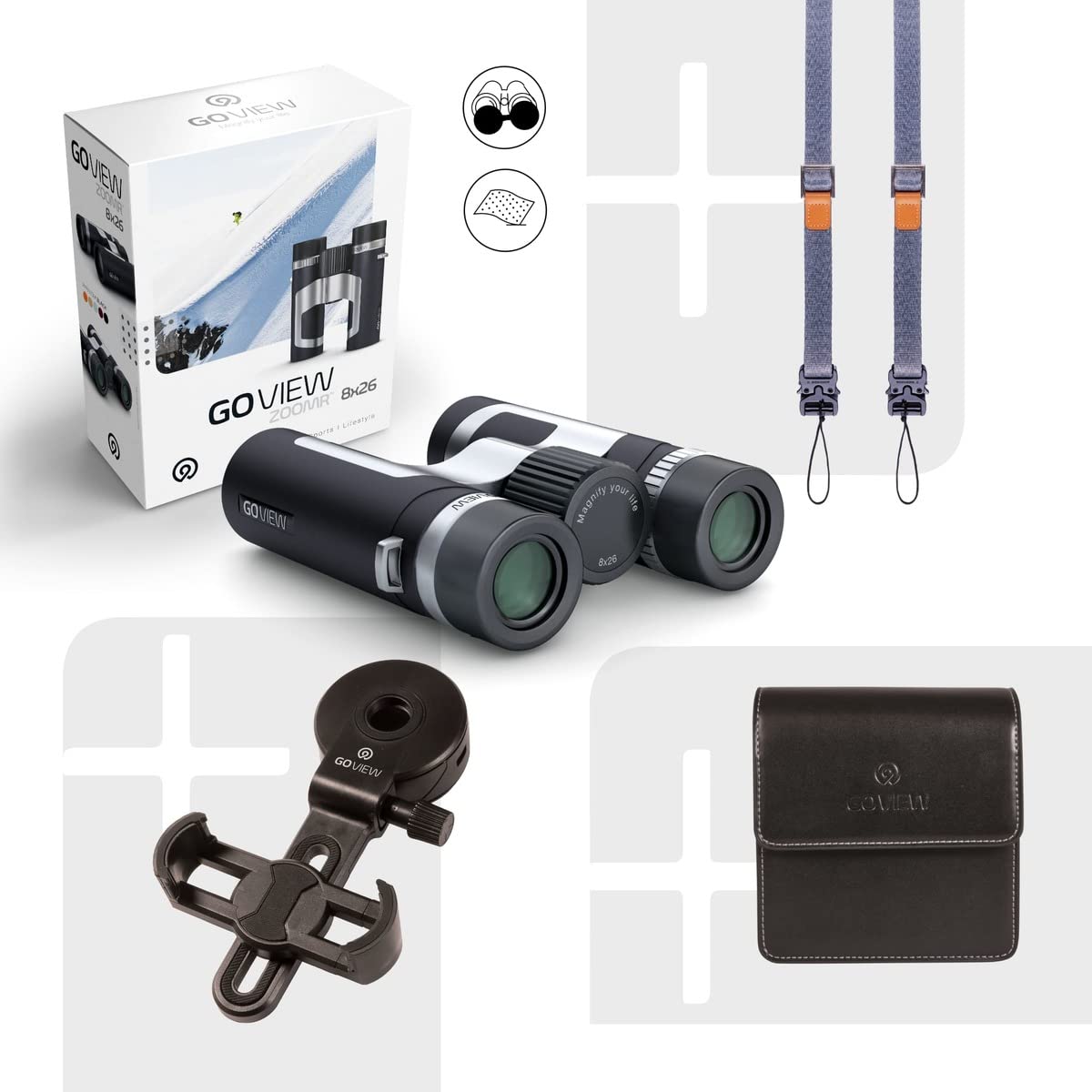 GoView ZOOMR 8x26 piccoli binocolo leggeri (zoom 8x, corpo in magnesio, include adattatore per smartphone e accessori) Sunset Arancione
