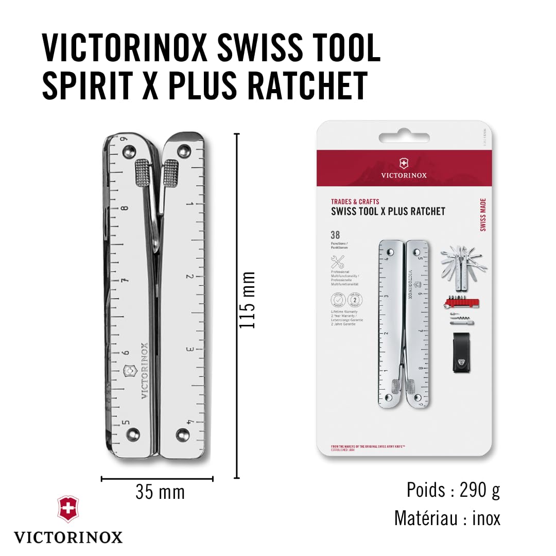 Victorinox Swiss Tool X Plus Ratchet Couteau de Poche Suisse, Multitool, 38 Fonctions, Tire Bouchon, Lame Fixe, Etui, Argent