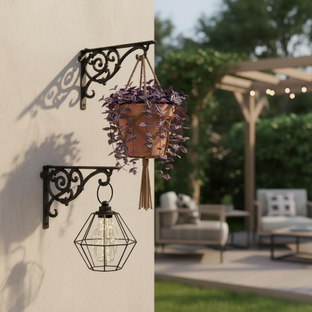 Comfy Hour 9.5" Decorative Cast Iron Plant Wall Hanger, Heavy Duty Wall Mount Bracket for Hanging Baskets, Bird Feeders, Lanterns and Wind Chimes, Vintage Scroll Design, Black (2)
