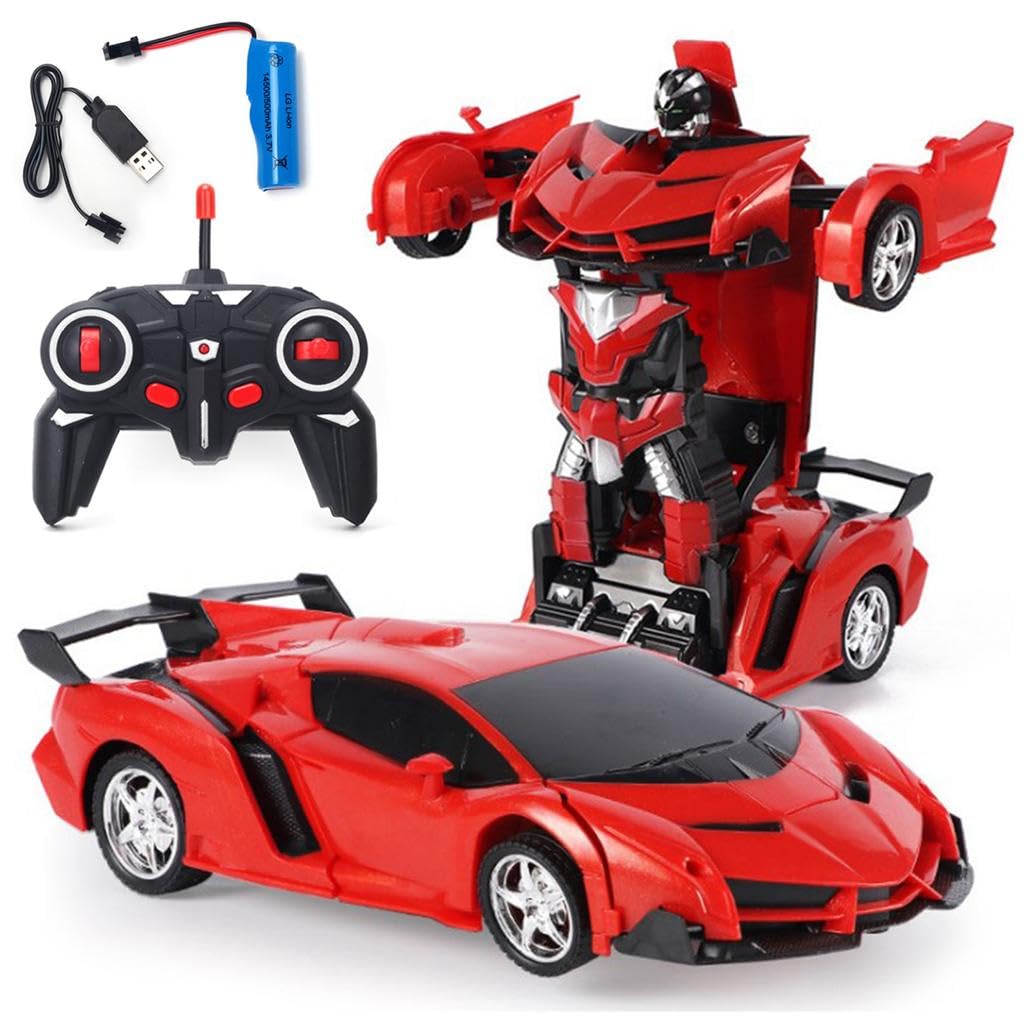 Home Smart Transform Robot Remote Control Car for Kids 2.4 Ghz 1:18 Scale Model Racing Car with One-Button Deformation, 360° Drifting, Transforming Robot Car Toy Gift for Girls and Boys (Red)