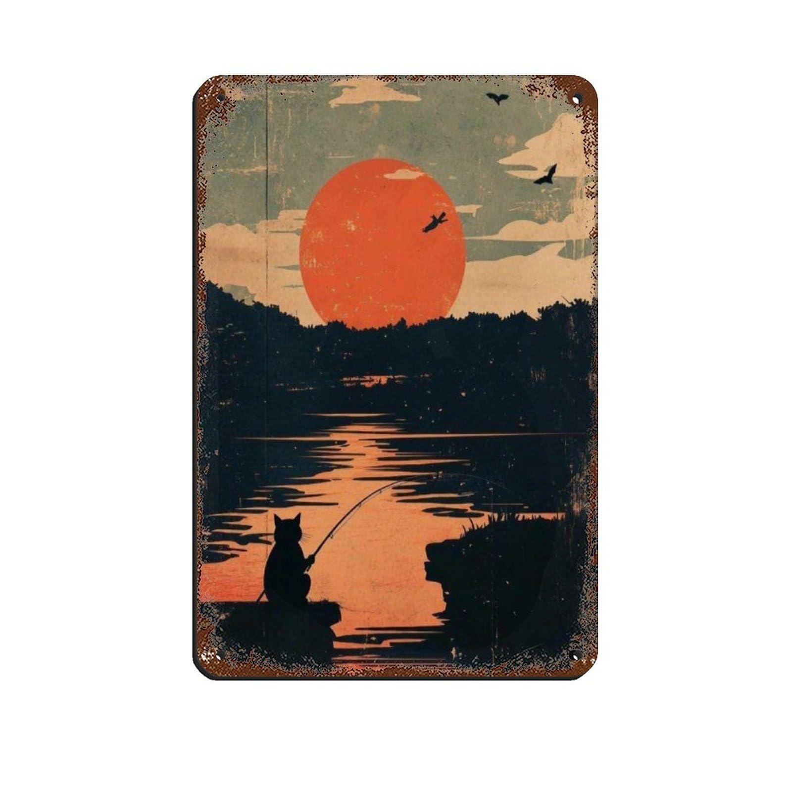 Sunset Japen Cat Fishing Poster Retro Poster Metal Tin Sign Chic Art Retro Iron Painting Bar People Cave Cafe Family Garage Poster Wall Decoration 8x12inch(20x30cm)