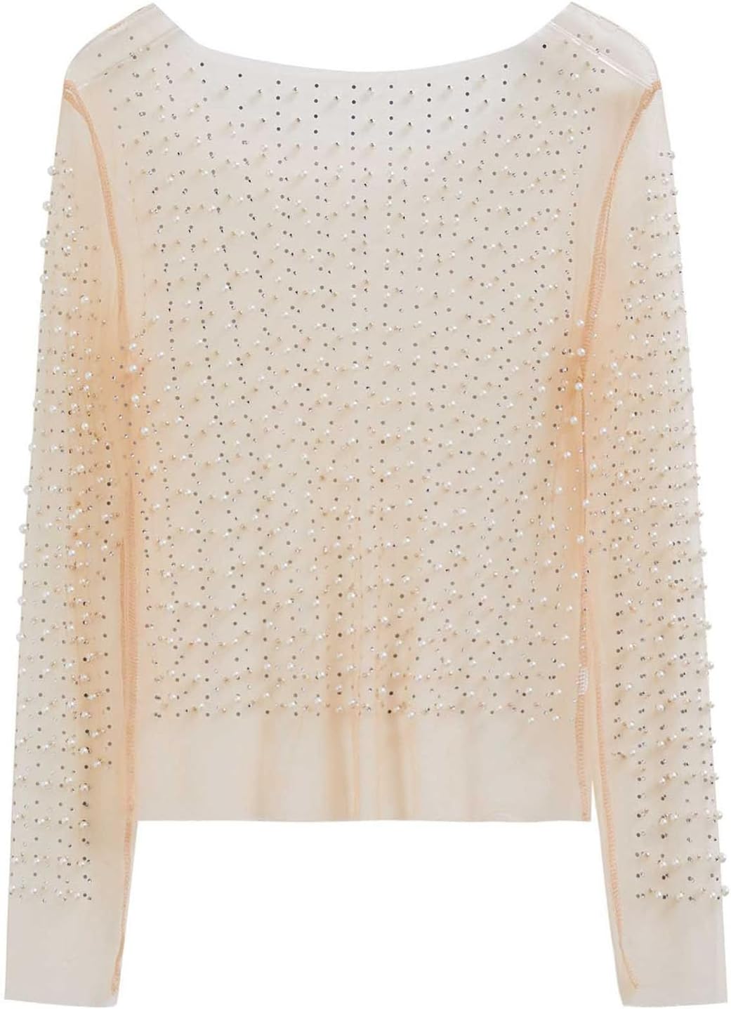 CHICWISH Women Full Pearl Embellished Sheer Mesh Top Sexy See Through Shirt Long Sleeve Scoop Neck Blouses Tops Tan