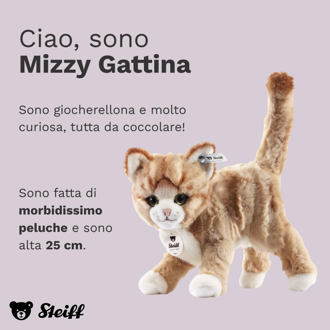 Steiff Peluche Gatto Mizzy, dolce animale di stoffa con occhi in plastica per bambini e bambine, pupazzo di 25 cm, beige, 099342