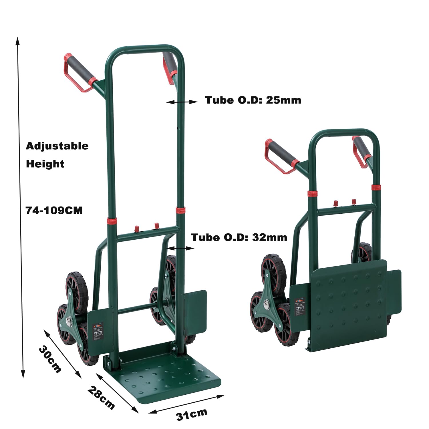 KATSU Tools Carretilla de mano plegable para subir escaleras, carga de 150 kg, 6 ruedas, altura ajustable, mango telescópico, carrito de entrega de paquetes de carga