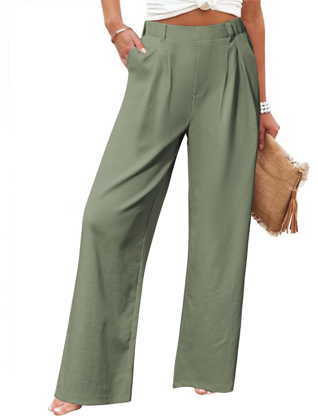 Friptspyg Palazzo Hose Freizeithose Damen Sommer Hohe Taille Palazzo Elastische Freizeithose mit Taschen