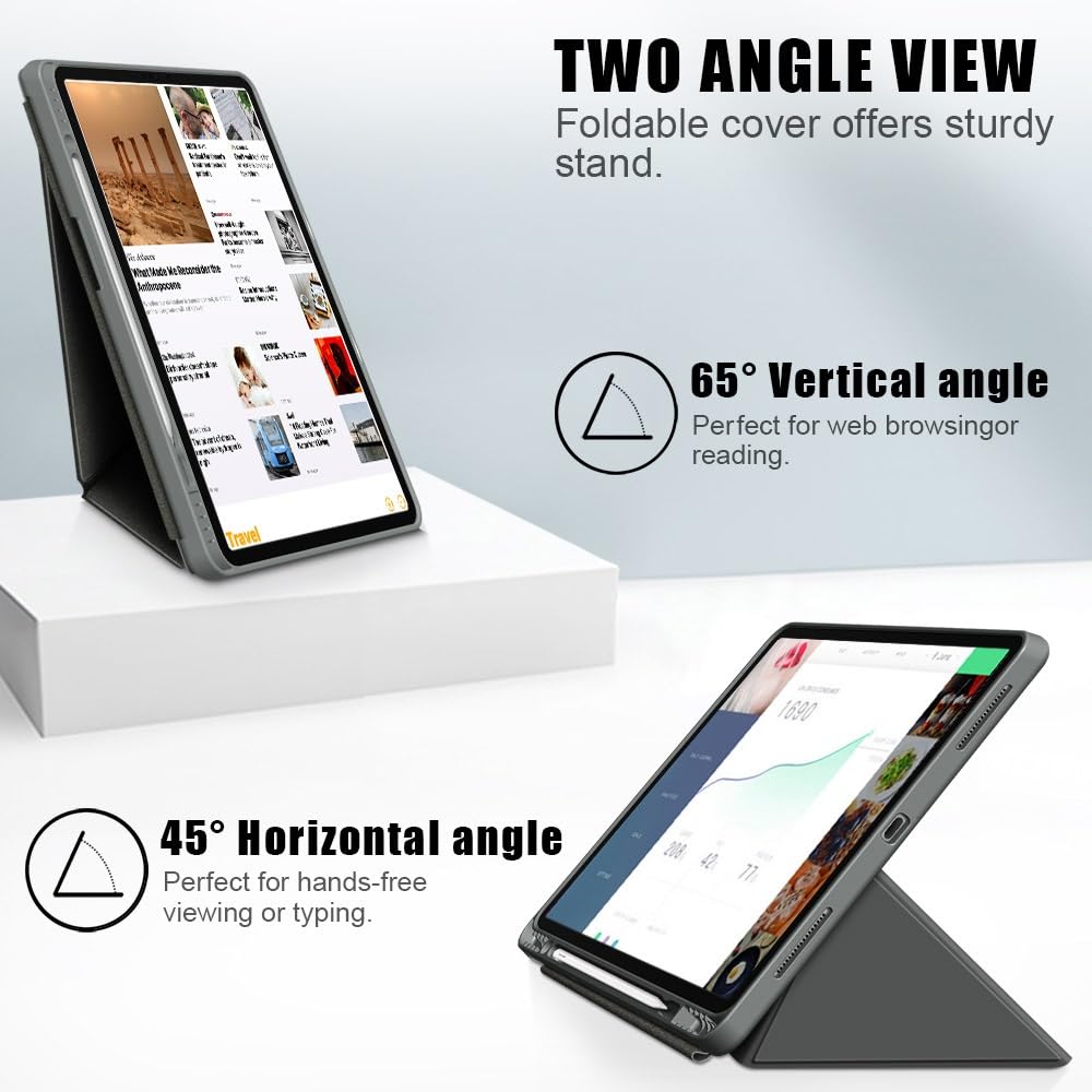 Dla ipada 12,9 cala 2018/2020/2021/2022 etui na tablet, wąska podstawa PC twarda tylna obudowa ochronne Smart Cover, wiele kątów widzenia folio pokrywa automatyczne uśpienie/budzenie(Gris)