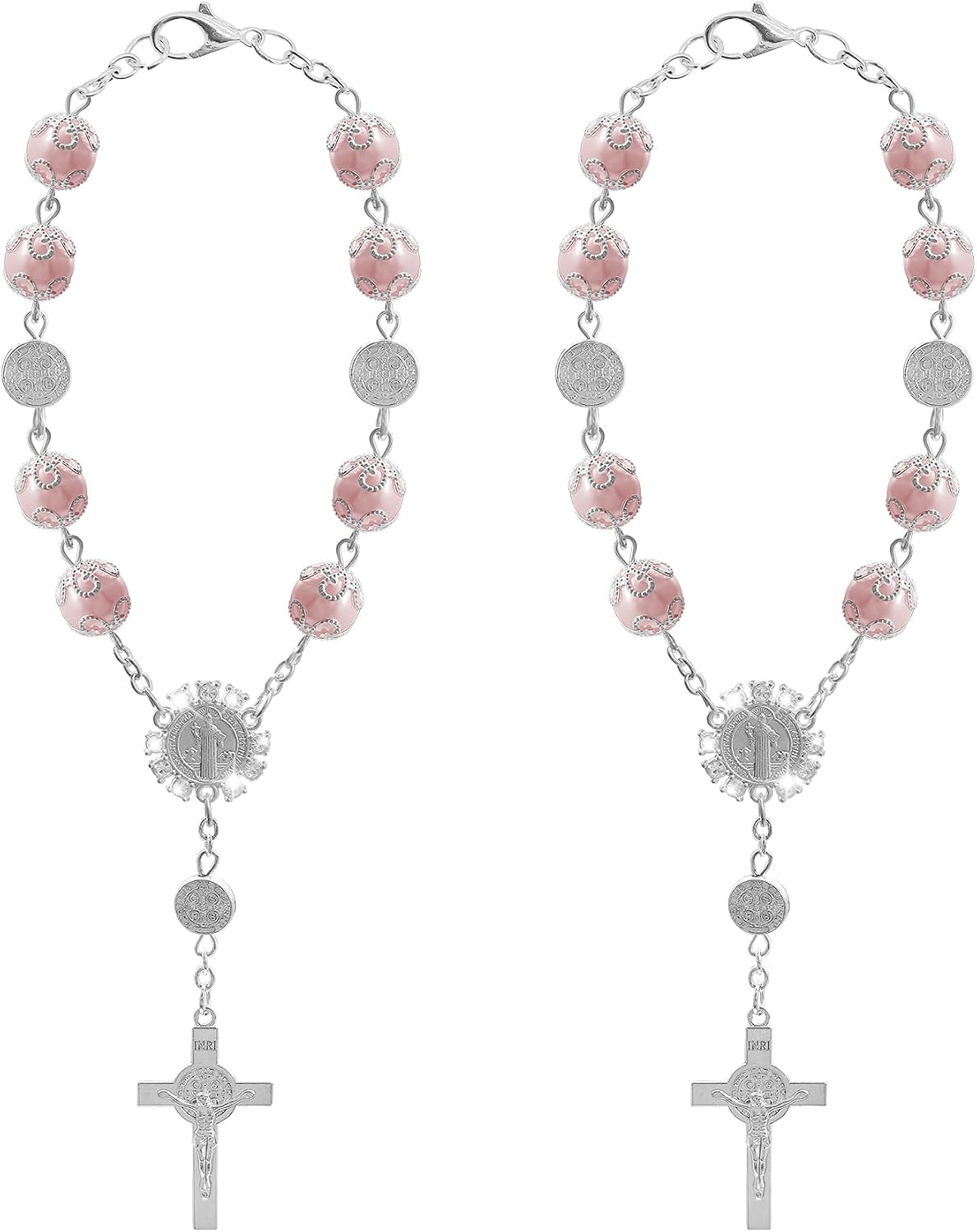2PCS Saint Benedict Car Rosary, Cross for Car, Personalized Auto Cross Blessing Catholic Interior Medal, Vehicle Decoration Auto Rearview Pendant Rosary Beads Accessory for Women Men (White)