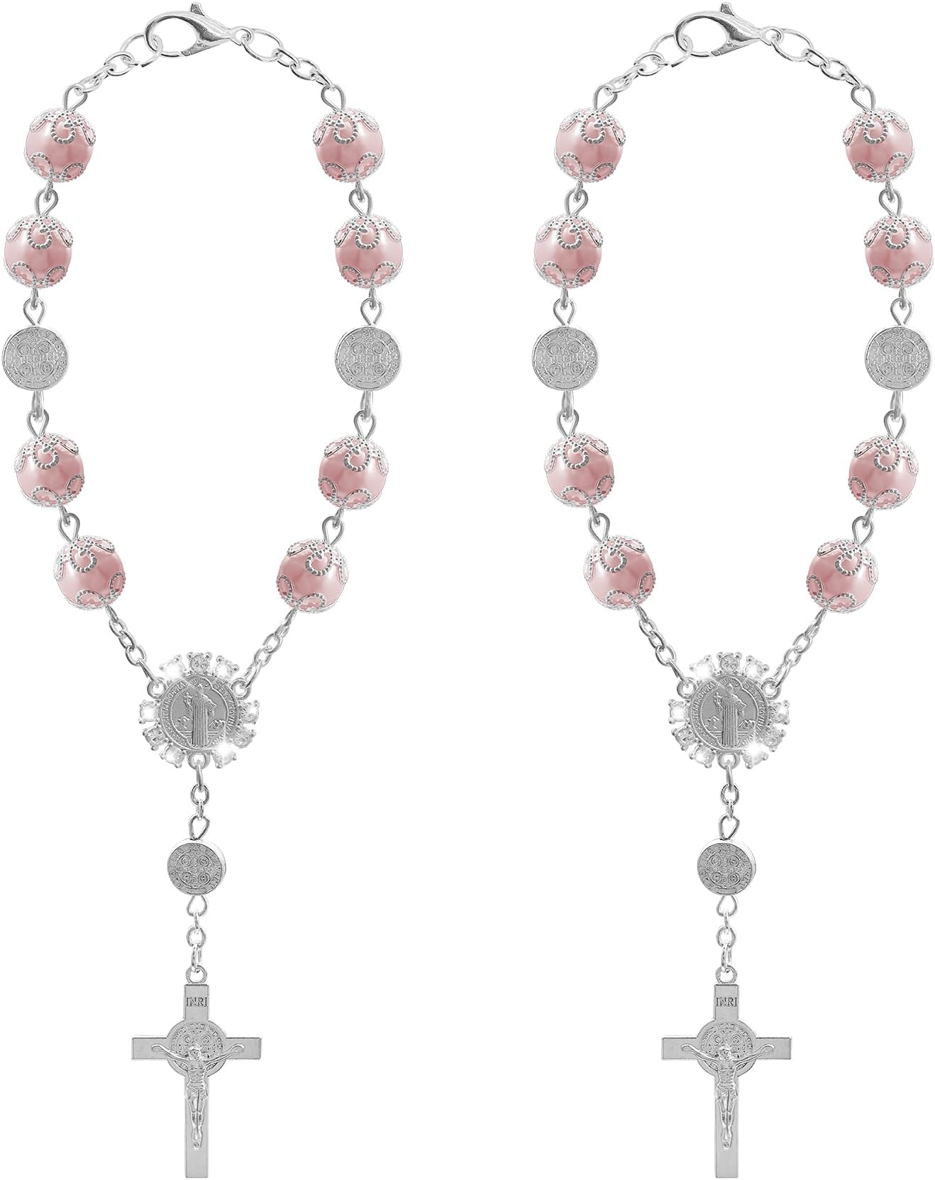 2PCS Saint Benedict Car Rosary, Cross for Car, Personalized Auto Cross Blessing Catholic Interior Medal, Vehicle Decoration Auto Rearview Pendant Rosary Beads Accessory for Women Men (Pink)