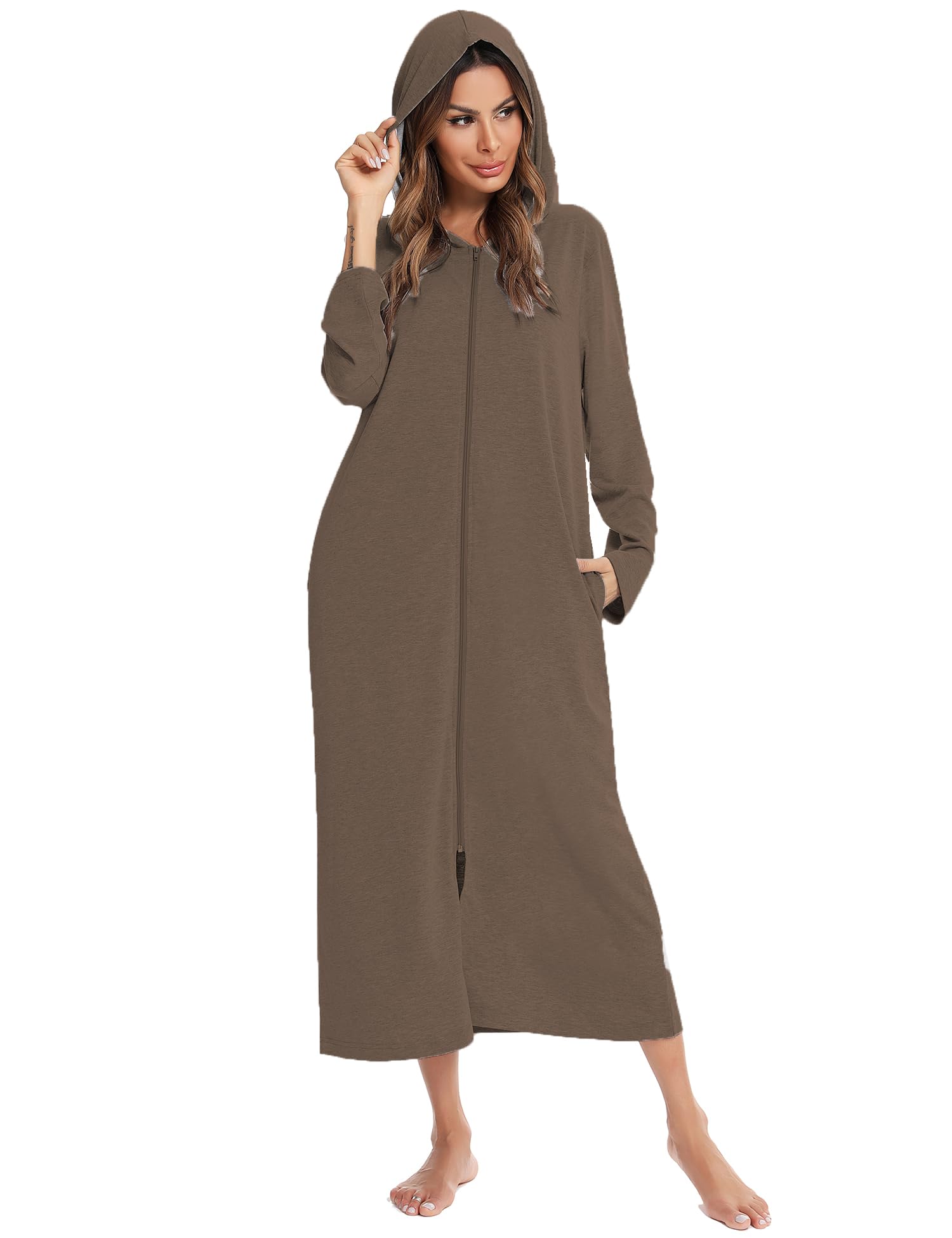 Albornoz de manga larga con cremallera para mujer, sudadera larga con capucha y bolsillos