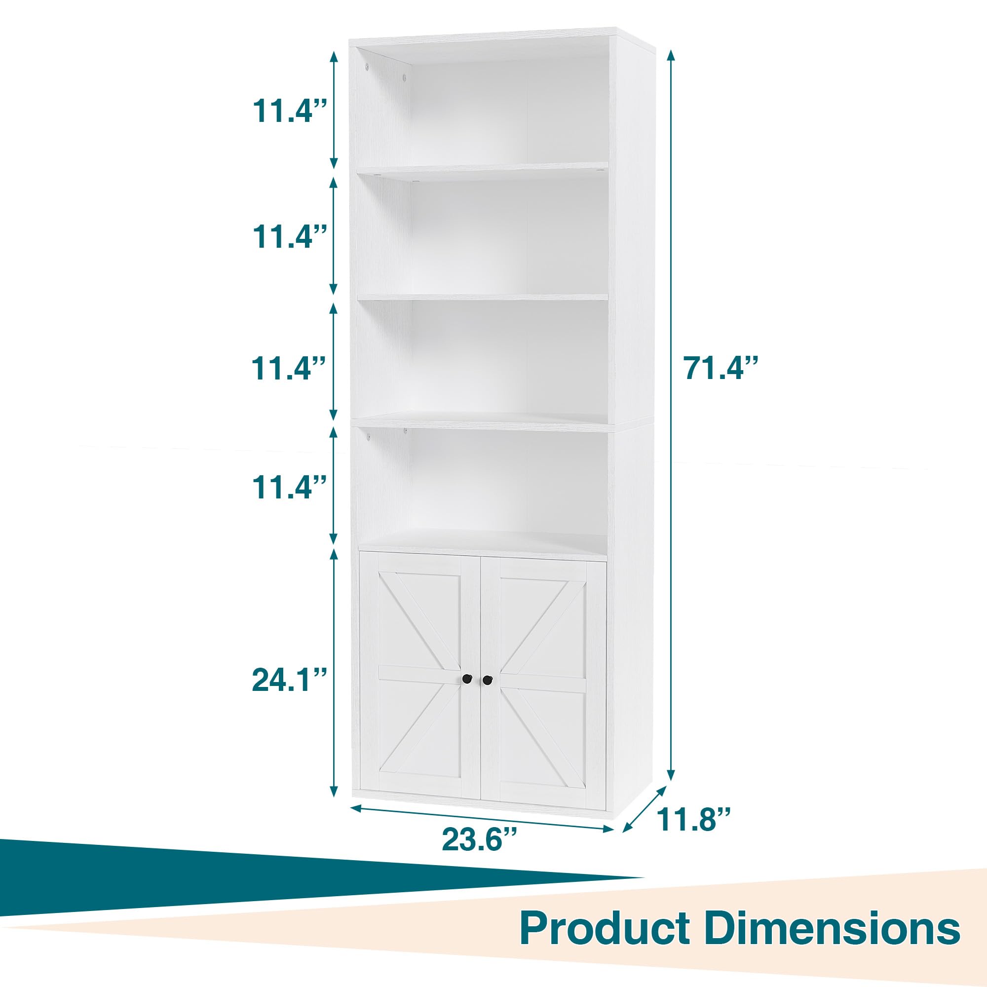 Librería Alta con Puertas de Estilo Granero, Estantería Rústica con 4 Niveles Abiertos y Armario, para Oficina, Estudio, Salón y Dormitorio, Blanco, 60x30x181cm