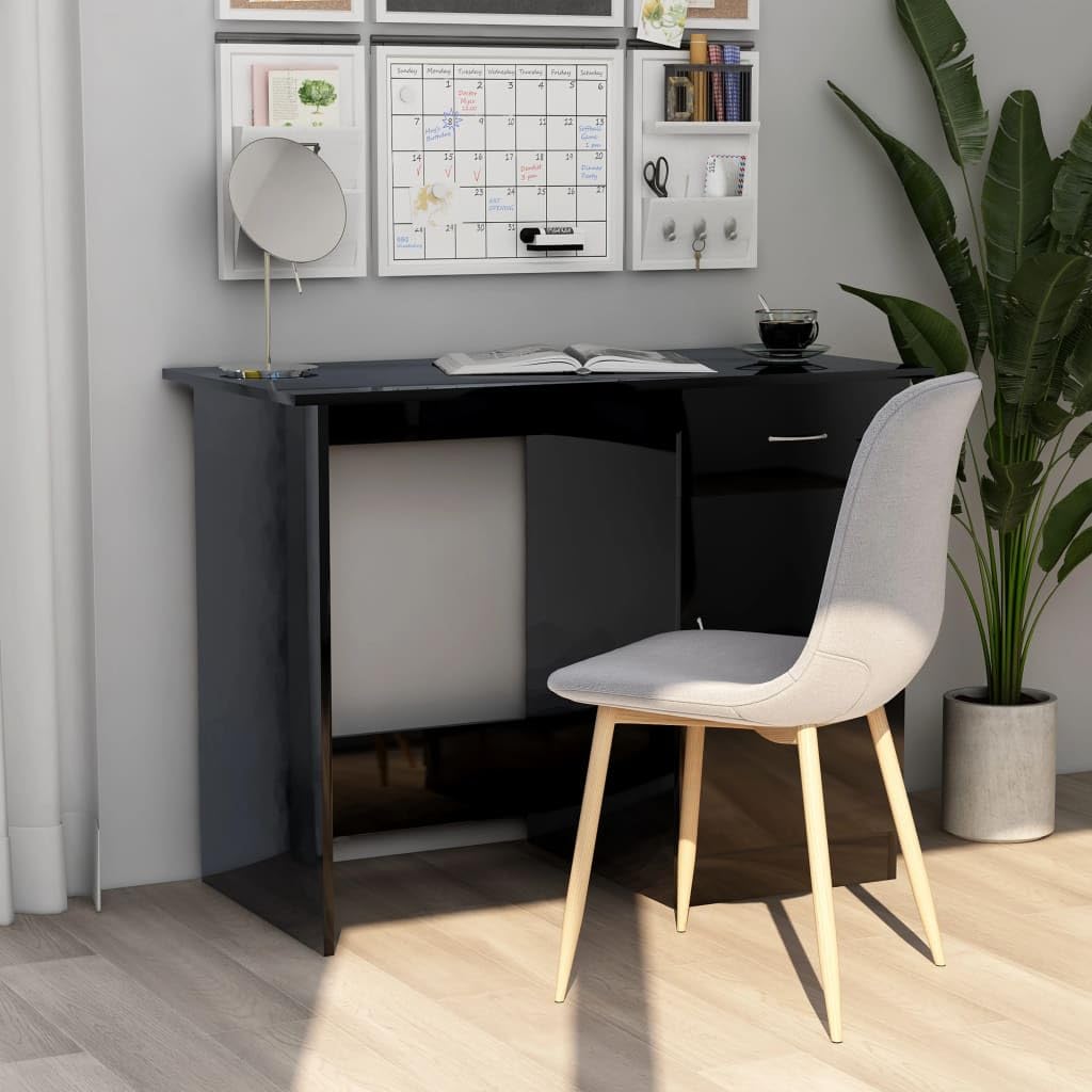 Schreibtisch Hochglanz-Schwarz aus Holzwerkstoff 100 x 50 x 76 cm mit Schublade und Tür, Computer Arbeit Laptop PC Tisch für Büro Homeoffice, Lernen Zocken Stauraum