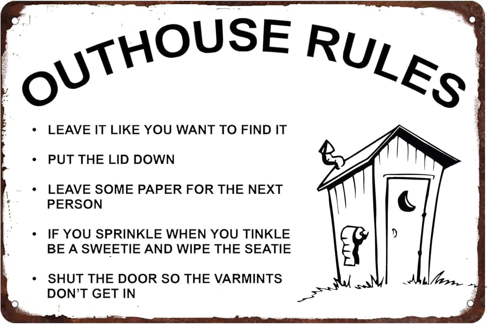 FNYUVNFAF Humorous Outhouse Rules Metal Tin Sign Retro Wall-Art for Home Bedroom Bar Cafe Cave 8 X 12 in