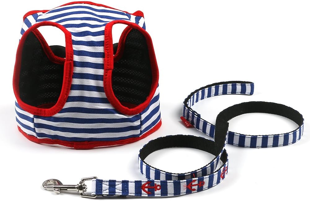 ZackX Dog Cat Striped Soft Harness with Leash,Navy Blue Fabric Harness with Mesh Inner,Adjustable,Quick Release,best for Travel Outdoor,S
