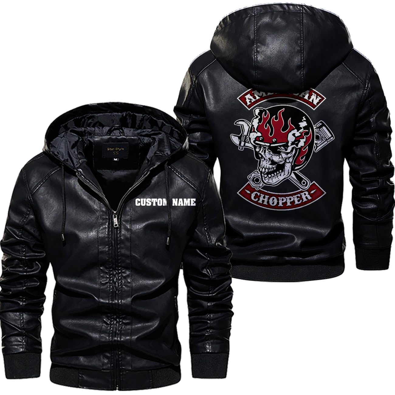 orealexpress Motorcycle Skull and Piston Crossbones For Men Biker, Custom Name, Biker Gift,Personalized Mens PU Leather Coat Custom Motorcycle Jacket Hoodie Black