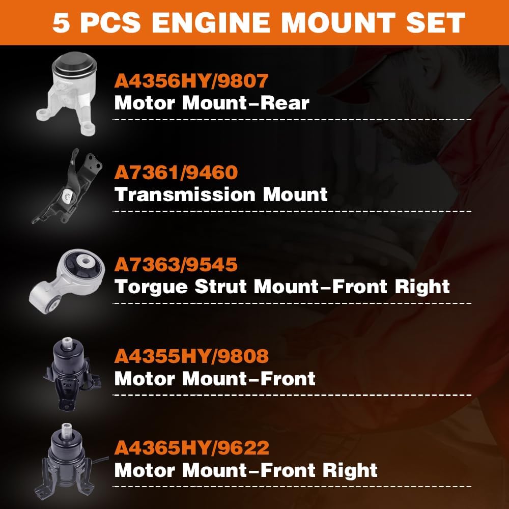 5 Pcs Engine Motor Mount Set FIT 2007-2012 Nissan Altima 3.5L CVT & 2009-2014 Maxima 3.5L, Hydraulic Structures, Replaces A4355HY A4365HY A4356HY A7363 A7361