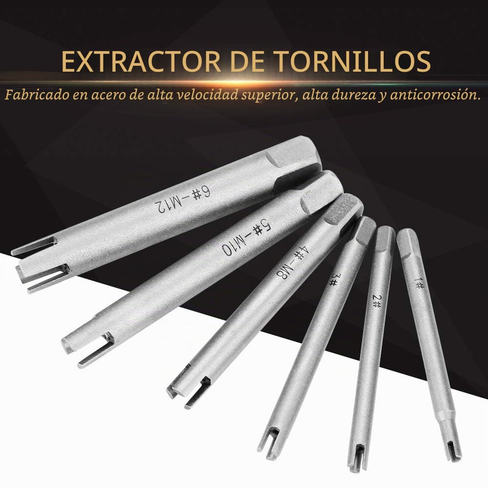 Tiiyee Extractor de Machos Rotos,Extractors Macho Rosca Cabeza Rota Juego Extractores Tornillos Set Extractore Grifos Pelados Grifería Removedor Stripped Golpecito Tornillo Conjunto para Pernos(6Pcs)