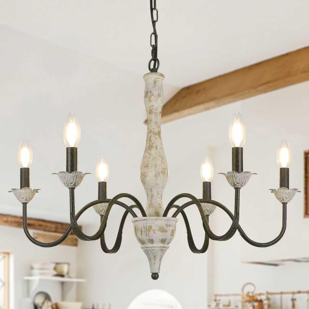 6-Light Wooden Farmhouse Chandelier, Rustic French Country Chandelier, Vintage Distressed Wooden Arm Light Fixture for Dinning Room, Bedroom, Kitchen Island, Cottage, Foyer, Hallway