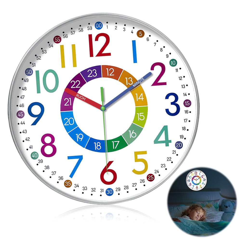 Orologio Da Parete Per Bambini RANJIMA 30 Cm - Silenzioso, Formato 12/24 Ore, Colorato