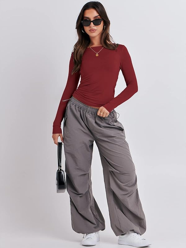 ANRABESS Women’s Long Sleeve Shirts Fitted Crop Tops, Red, L by ANRABESS - Used condition - Image 3