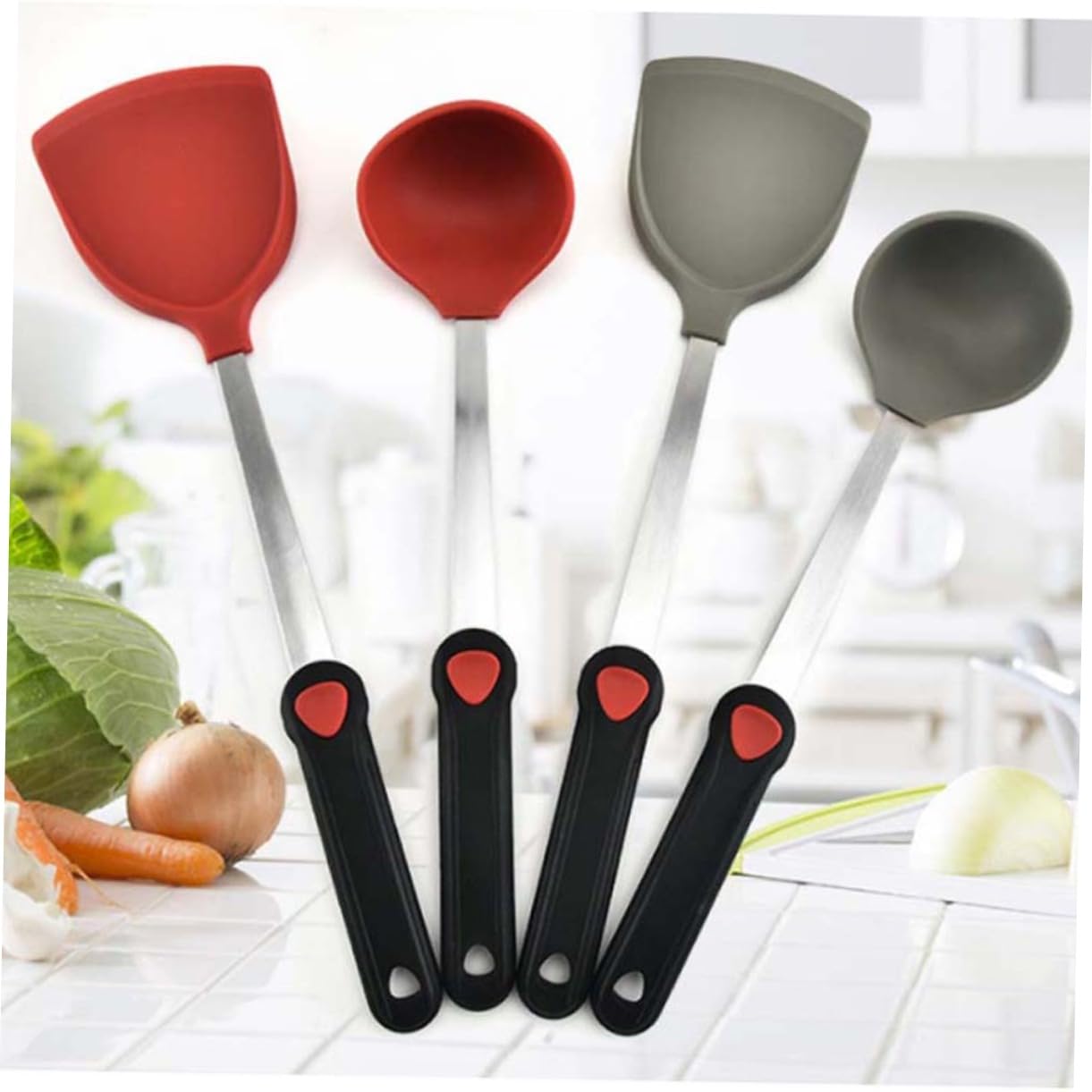 Spatola da Cucina in Acciaio Inossidabile Impugnatura in Silicone Antiscivolo per Wok e Padelle Antiaderenti