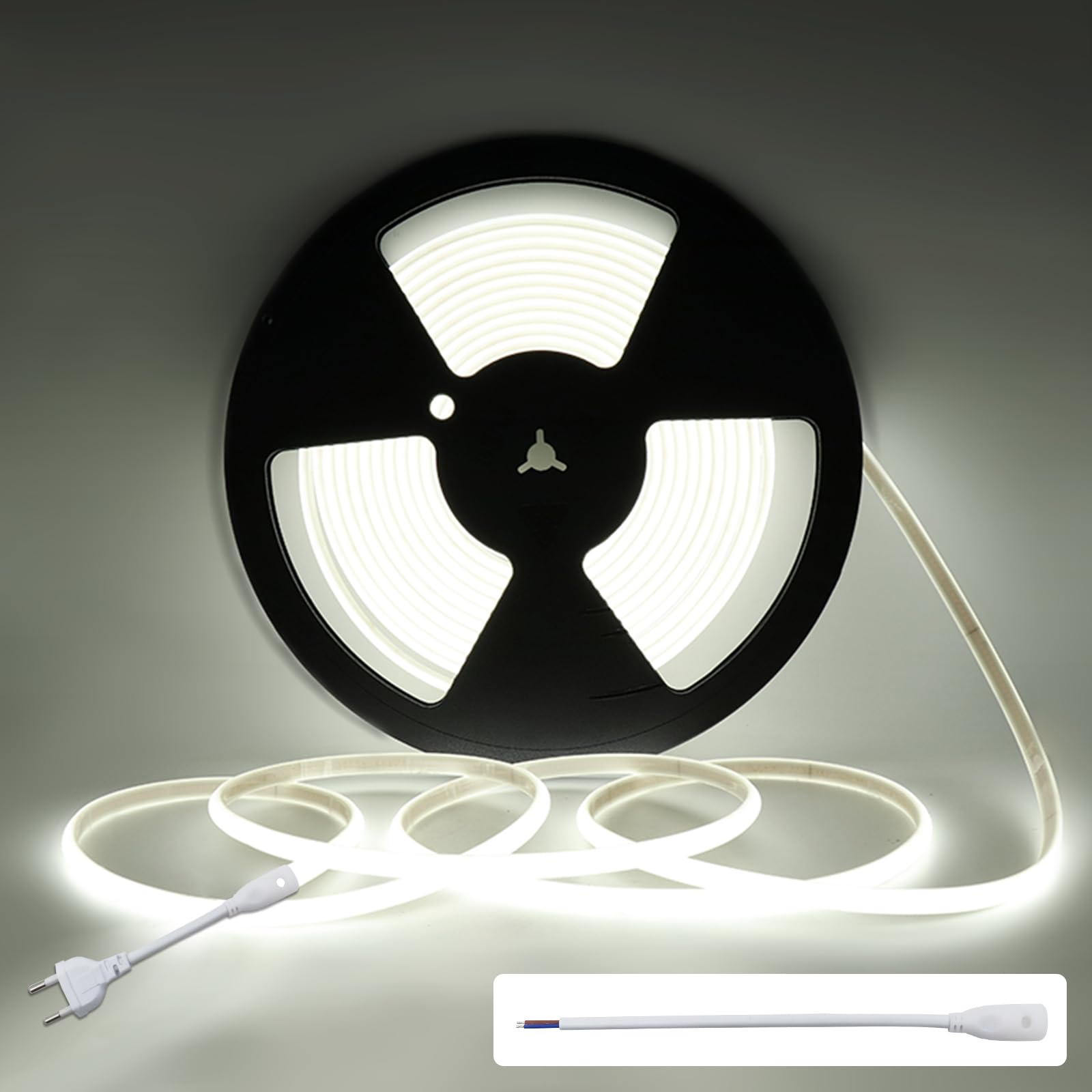 MALIIGAZA 220V COB LED Strip Kaltweiß 6000K 10m Hochvolt LED Band IP67 Wasserdicht Außenbeleuchtung EU-Stecker dimmbar 296LED/m CRI90 LED Lichtstreifen