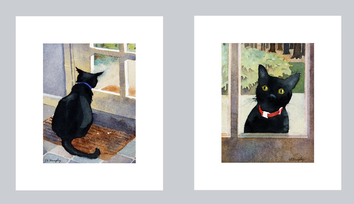 Baxter at the Door and Lex Looking Out, Two Giclee Prints of Black Cats, 7 X 9 Inches Each