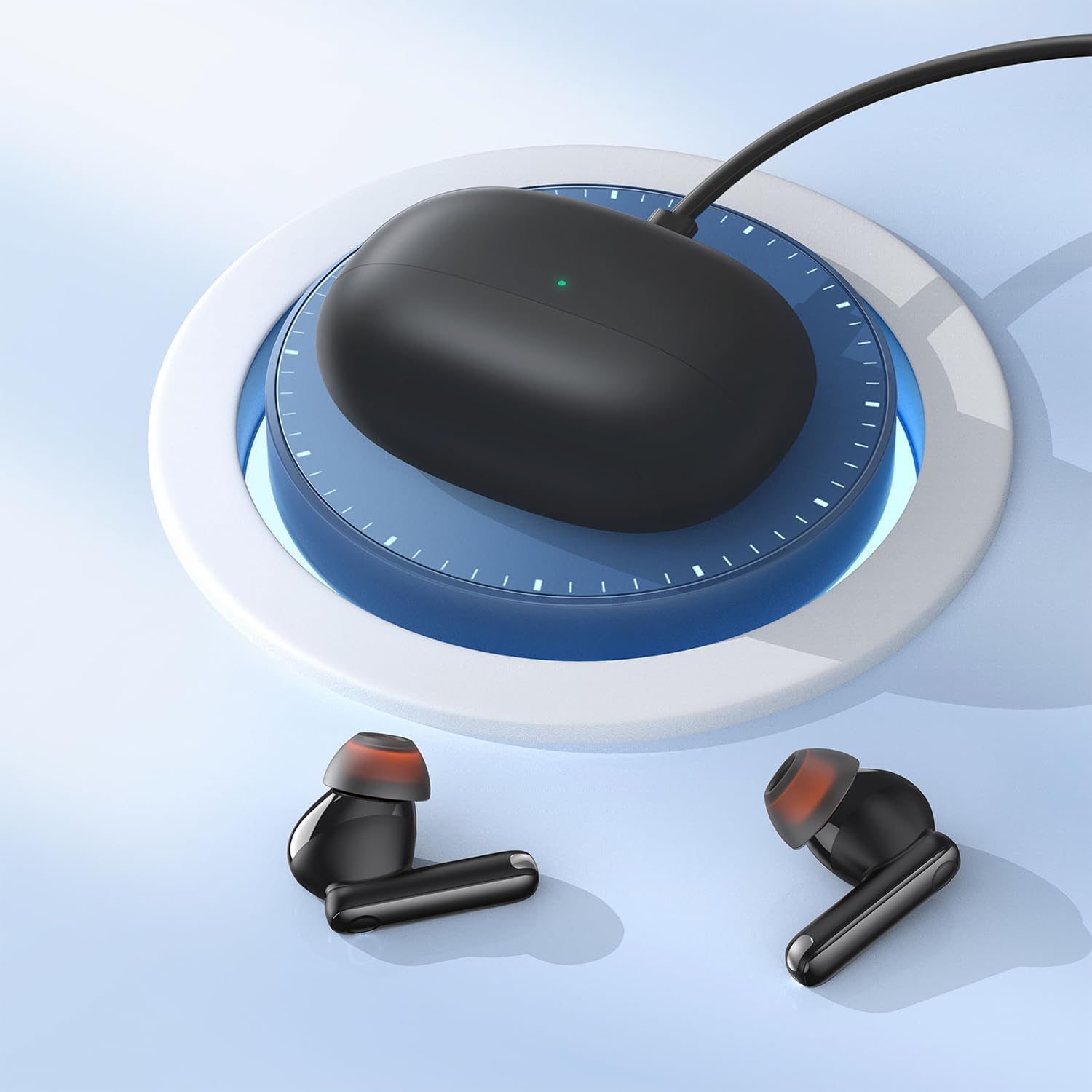 Baseus Bowie MZ10 charging case connected to a charging cable.