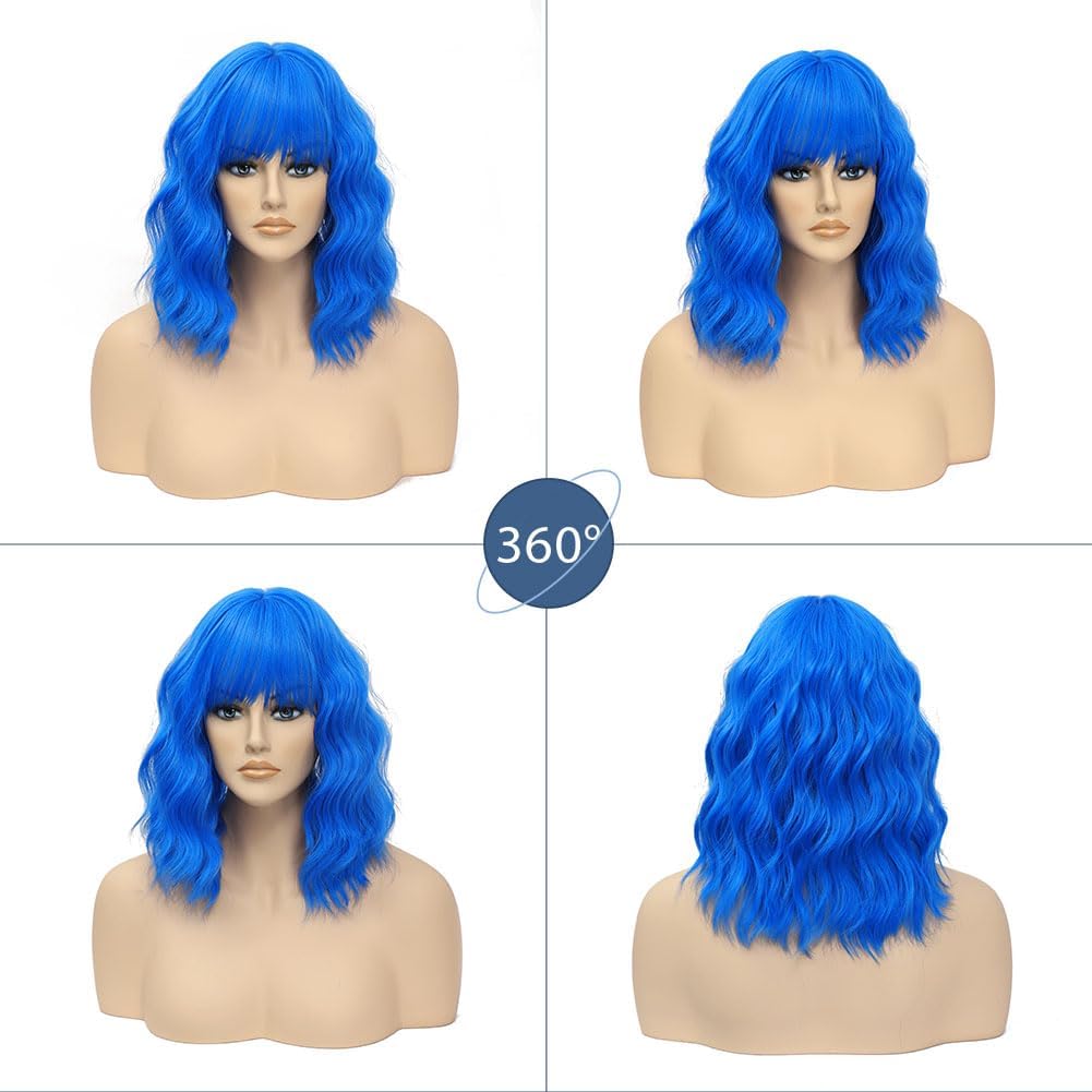 Colorfulpanda Short Bob Blue Wigs for Women Shoulder Length Wavy Curly Wig with Fringe Natural Synthetic Heat Resistant Hair Wig Daily Party wig 14 Inch - Image 2