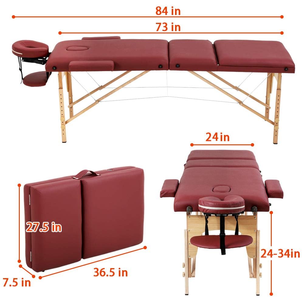 BestMassage Massage Bed Portable Massage Table 24 inch Wide Lash Bed Height Adjustable 2 Folding Spa Table with Non-Woven Bag for Spa Footmassage Facial CareSpa Tattoo: 24.0 inch wide Burgundy