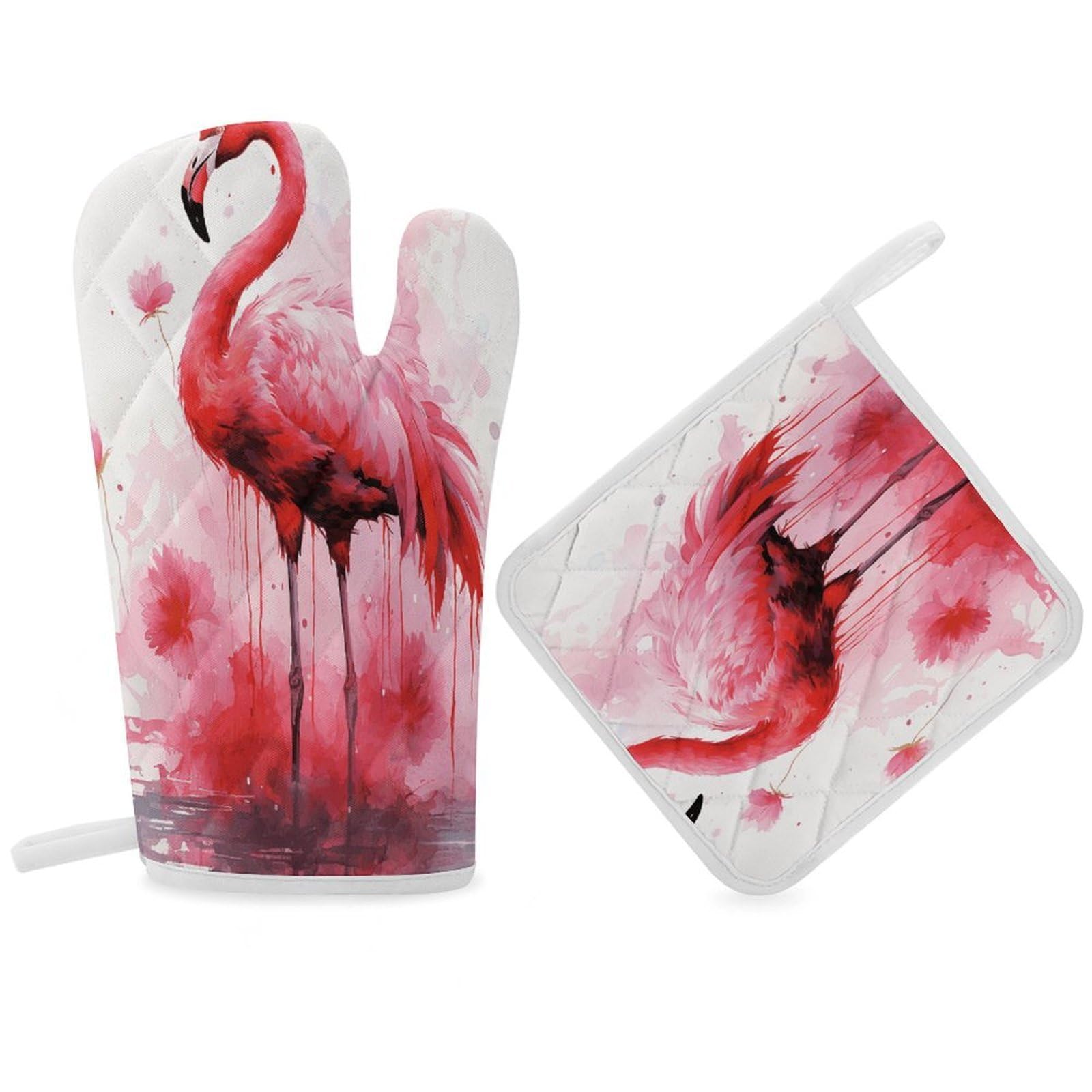 Fodpand Women's Style Flamingo Watercolor Oven Mitts And Pot Holders Sets,Oven Gloves For Kitchen Oven Mitts And Potholders For Baking Cooking Grilling Apartment Essentials