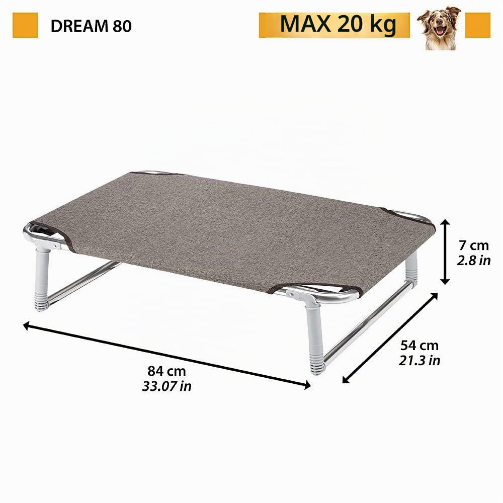 Ferplast Lettino per Cane, Cuccia Cane, Brandina pieghevole per cani DREAM 80, solida struttura in alluminio, Telo in tessuto, 84 x 54 x h 18 cm Tortora