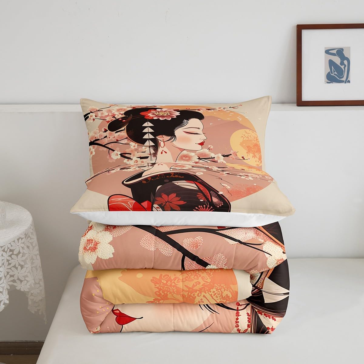Feelyou Kids Japanese Geishas Comforter Set Full Size Boys Girls Cherry Blossoms Comforter Japanese Style Bedding Set Japanese Tradition Aesthetic Quilt Set