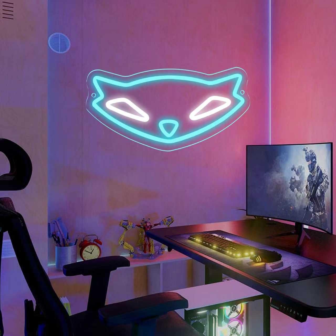 Sly Raccoon neonowy znak anime, gra neonowa do dekoracji ścian, ściemniane światła LED do sypialni, jaskini męskiej, na imprezę, do baru, dekoracja tła, prezenty świąteczne dla graczy dla