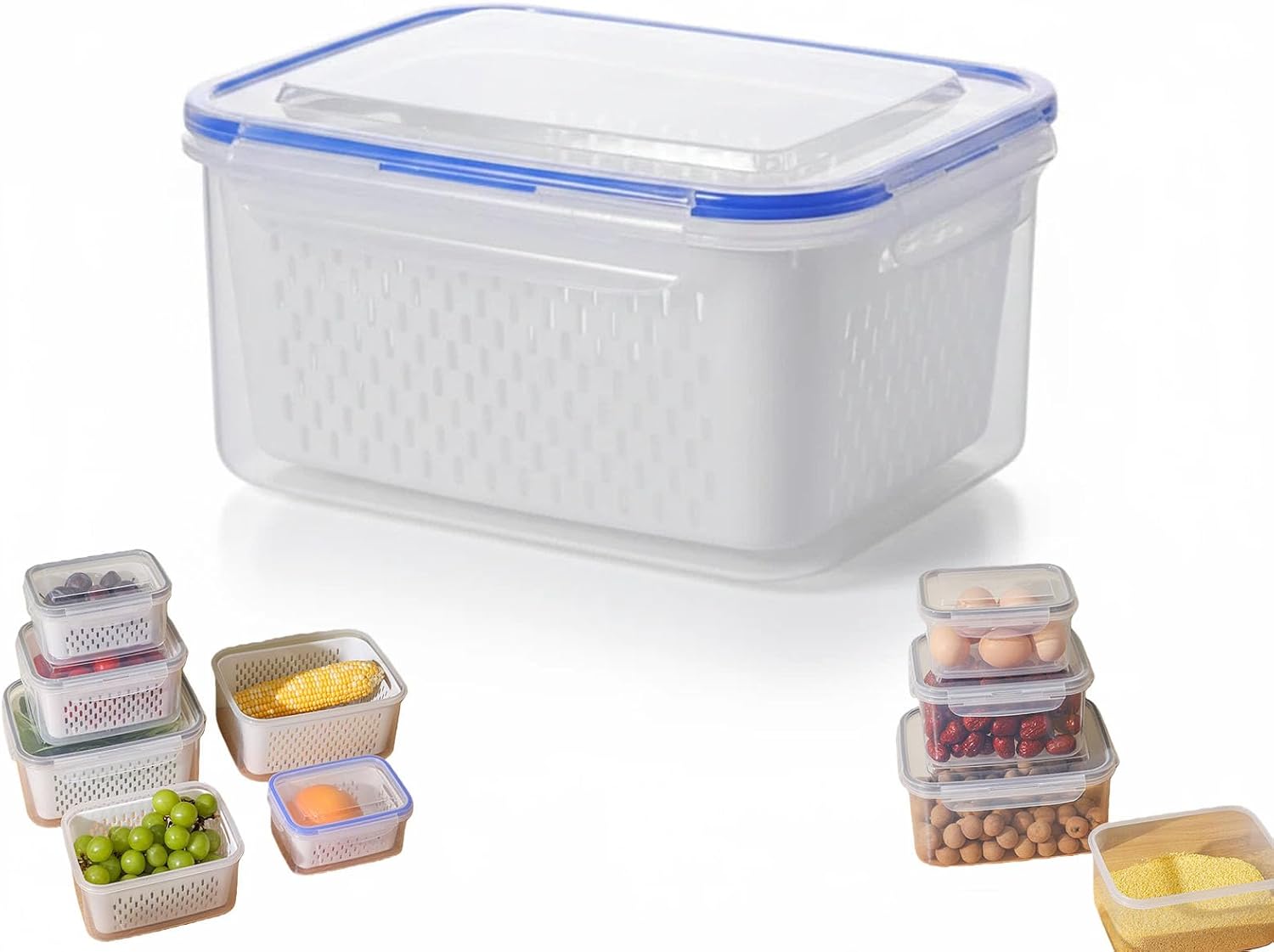 4 in 1 Food Storage Container, Household Transparent Plastic Food Storage Box-Including Drain Basket, Berry Containers for Fridge-Soak, Wash, Drain, And Store (grey,S+M+L)