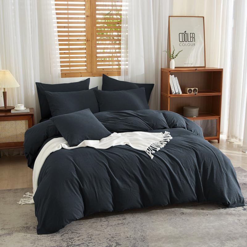Gezu Housse de Couette Coton Lin 220x240 Gris Parure de Lit 100% Lin Coton