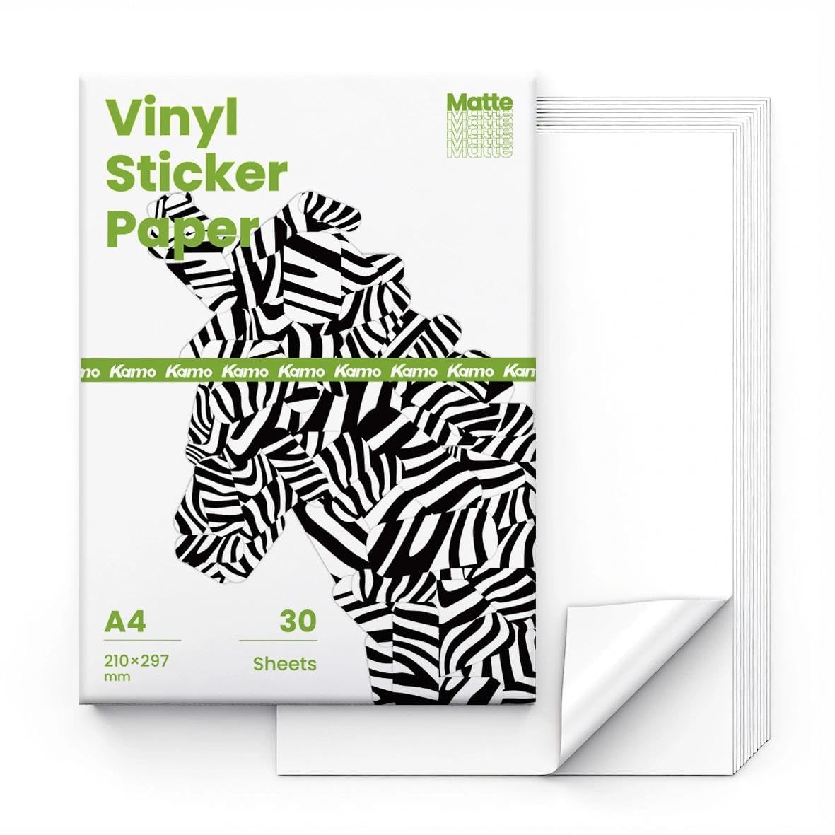 kamo Inkjet winylowa folia samoprzylepna do drukowania, A4, biała, 30 arkuszy, samoprzylepna, wodoodporna naklejka winylowa do drukarek atramentowych i laserowych