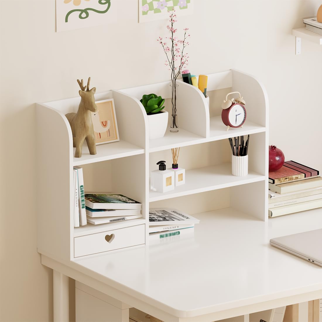 Niedliches Schreibtisch-Bücherregal, kleines Bücherregal, Organizer, Aufbewahrung, Präsentationsständer, Regal, Bürobedarf, Weiß (Farbe B)