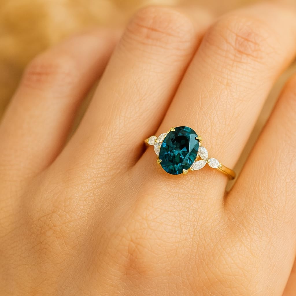 Oval Cut Teal Sapphire Engagement Ring for Women 14K Yellow Gold Sapphire with Marquise CZ Diamond Vintage Inspired Fine Jewelry Promise Gift for Her