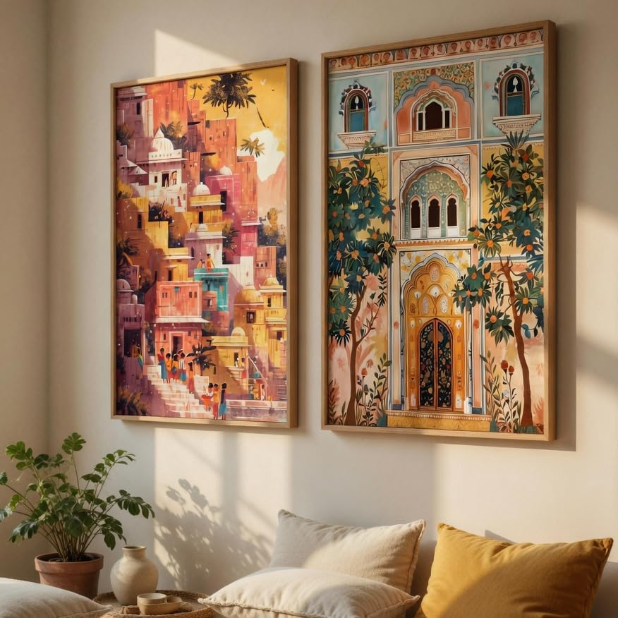 Image of Livin'luxe Indian Palace Architecture Wall Painting Set of 2 with Wooden Frames | Vintage Cityscape & Heritage Haveli Artwork HD Sparkle Laminated MDF Wall Decor for Living Room Bedroom Hallway
