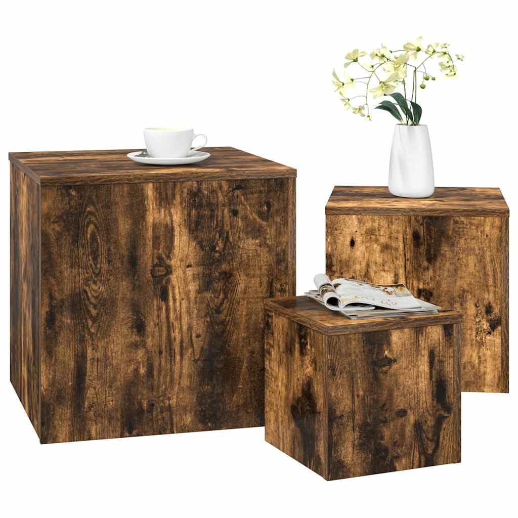 Fengshui Beistelltische 3er Set Räuchereiche Holzwerkstoff | Verschiedene Größen, Multifunktional für Wohnzimmer oder Schlafzimmer, Einfache Reinigung mit feuchtem Tuch