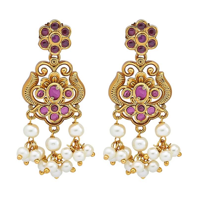 Kushal's Fashion JewelleryRuby Antique Earring with Stones & Beads, Copper Alloy, Synthetic Stones & Beads