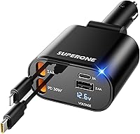 SUPERONE Upgraded 4-in-1 Retractable Car Charger, 2.6ft PD 30W Fast Charging Cords for iPhone 16/15/14, Galaxy S23, Pixel - USB C Lightning Adapter