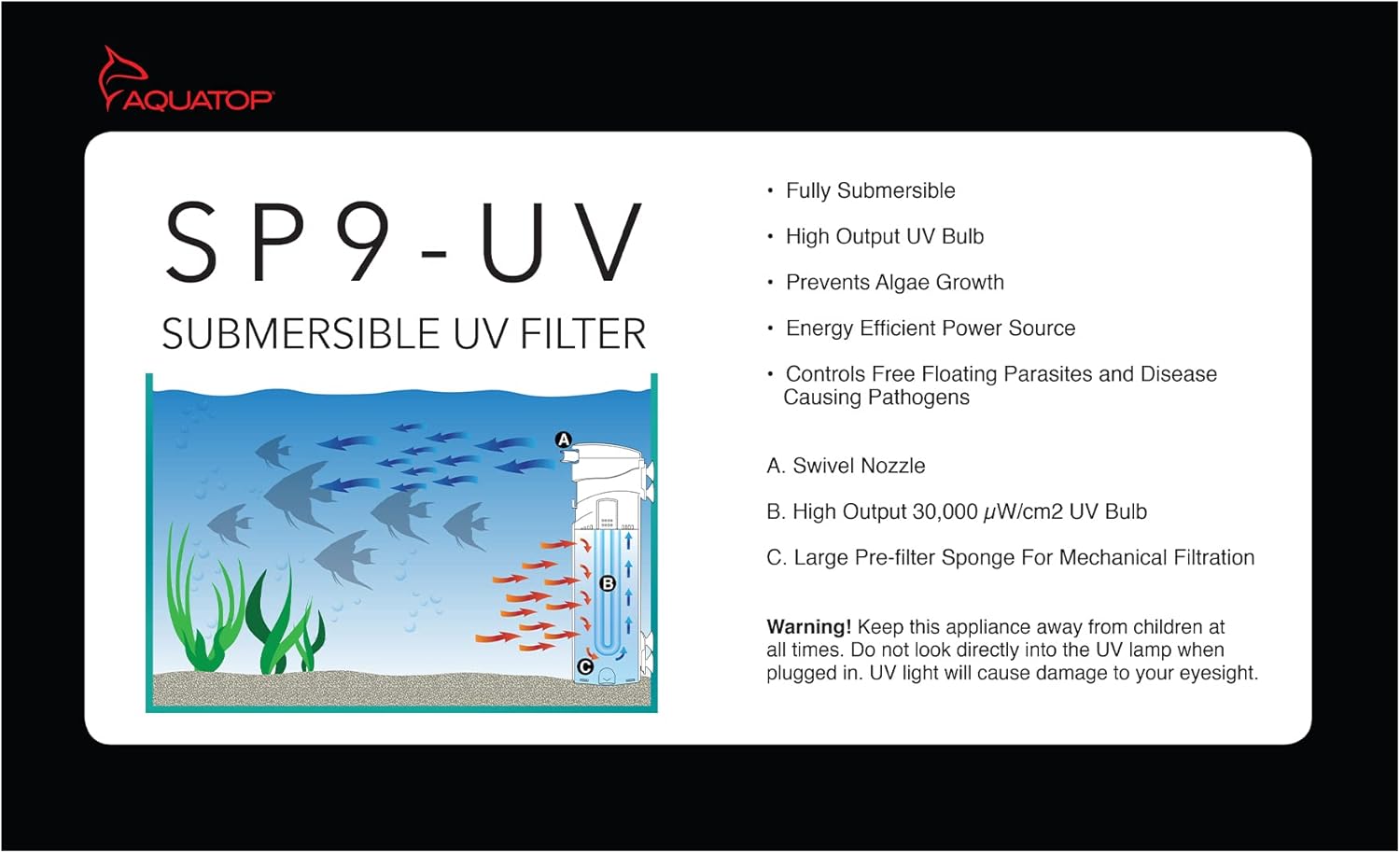 Aquatop 264 GPH Internal Filter with 9W UV Light - for Up to 100 Gallon Fish Tanks, UV for Crystal Clear Water, Fresh & Saltwater Use, Aquarium Filters for Fish & Turtle Tanks, SP9-UV