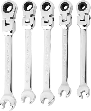 5pcs Flex Head Ratcheting Wrench Set, Metric 6-10mm Spanner Gear Ring Ratcheting Combination Wrenches Kit, 180 Head, 72 Tooth, Box End and Open End Wrench for Tight SpacesSilver