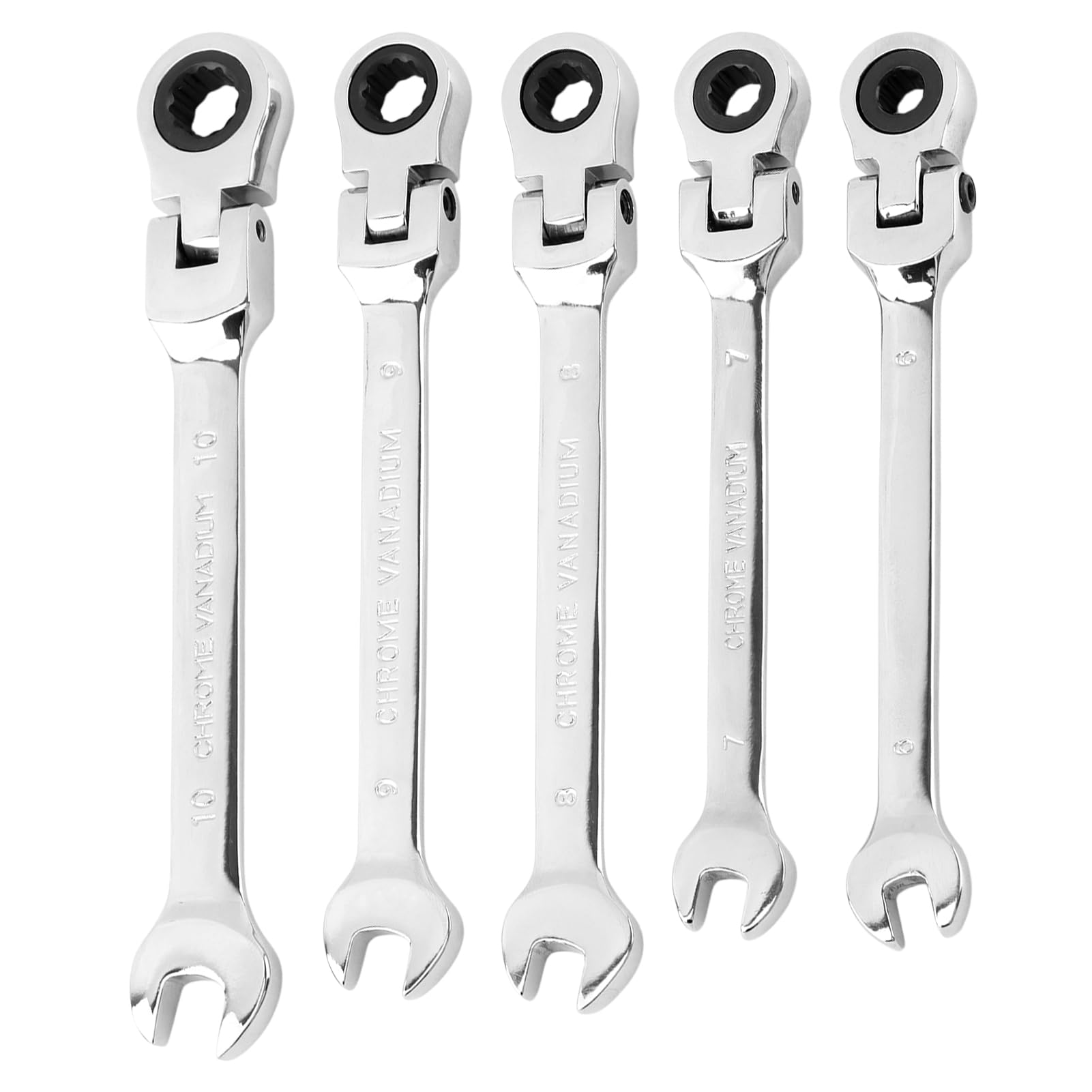 Set di 5 chiavi a cricchetto con testa flessibile, metriche da 6-10 mm, kit di chiavi combinate a cricchetto con testa a 180°, 72 denti, estremità scatola e chiave a estremità aperta per