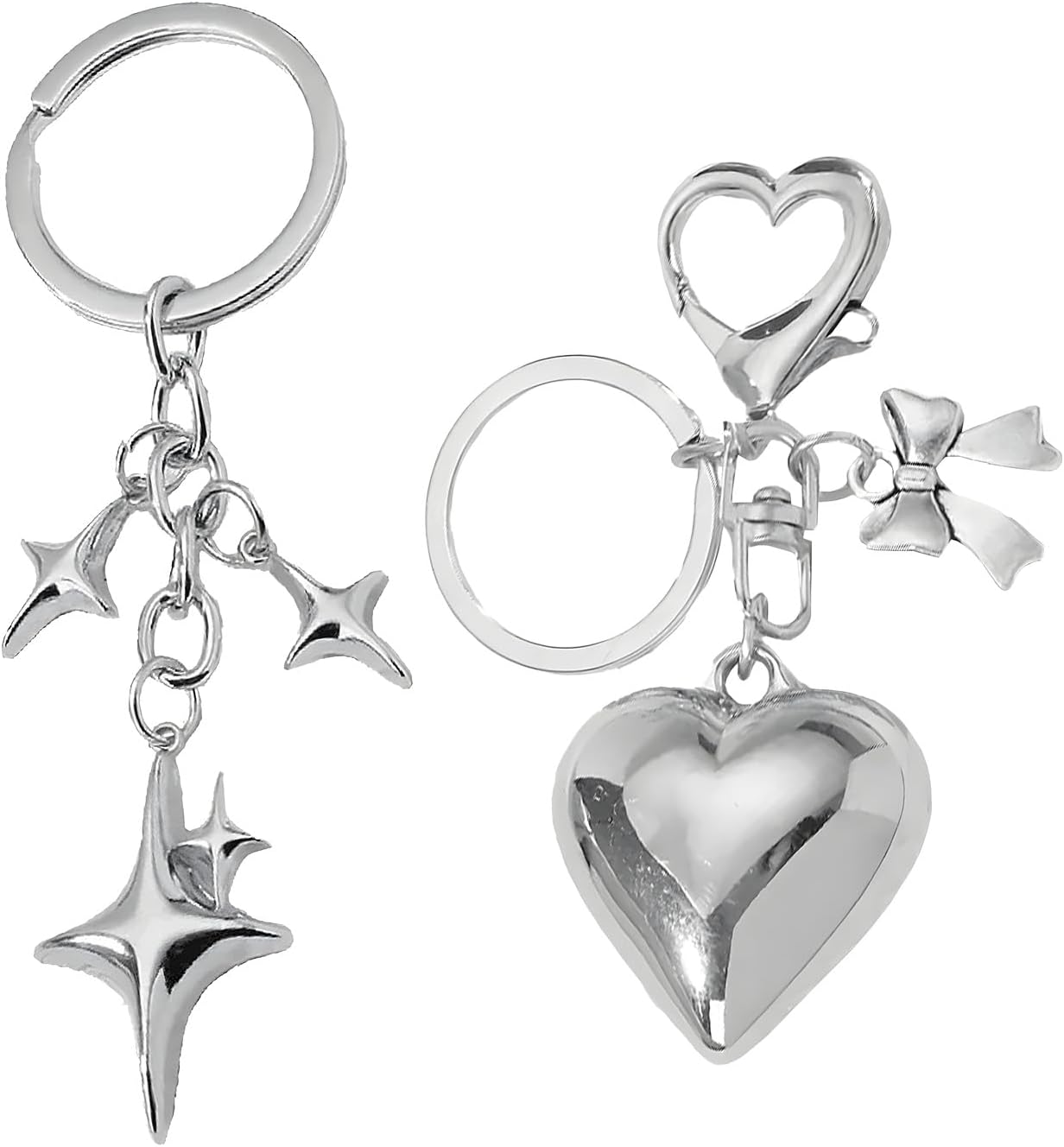 SMUOBT 2Pcs Silver Heart Keychains For Women, Aesthetic Bow Heart