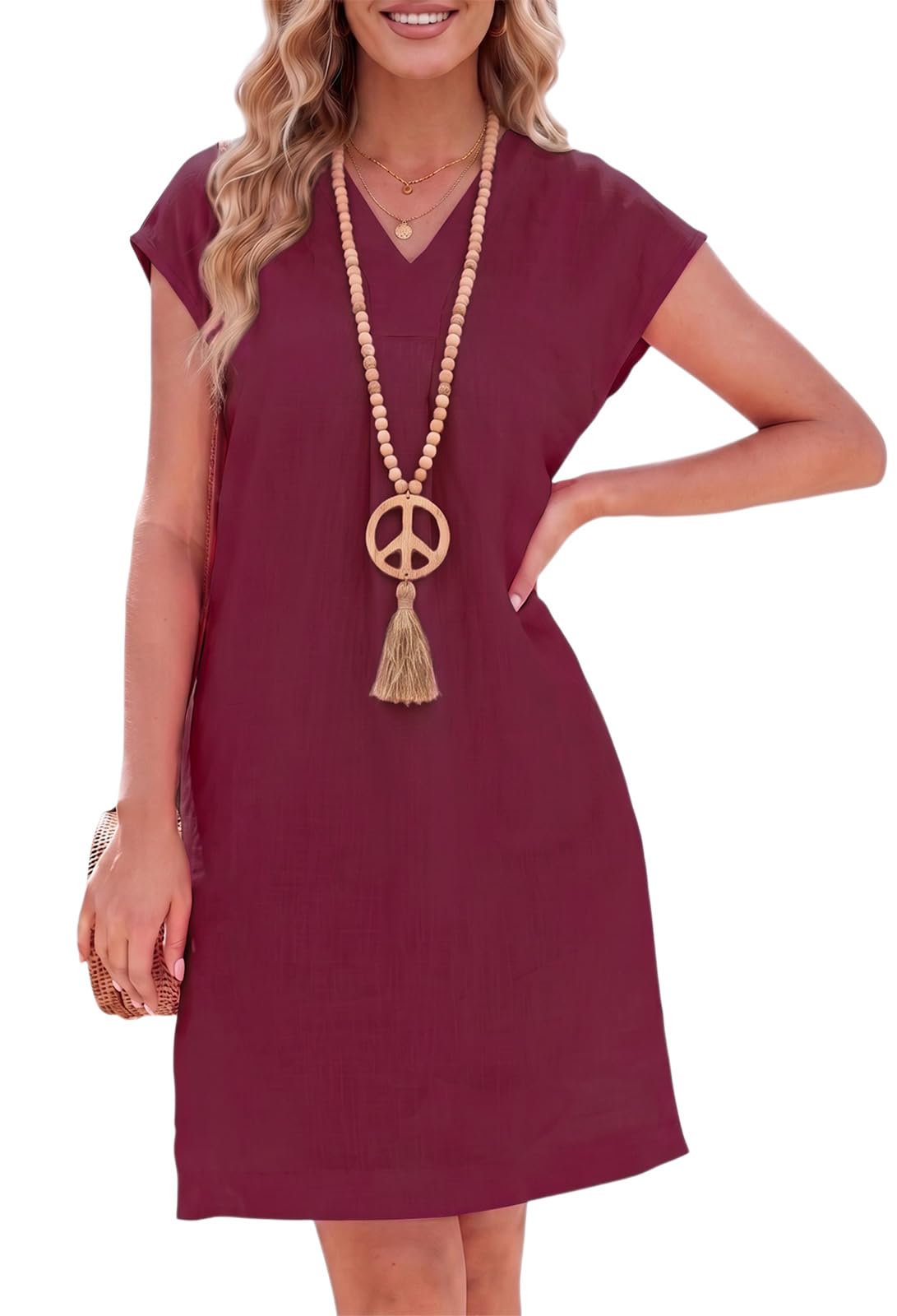 YUTILA Vestido de lino de las mujeres de verano con cuello en V 100% lino ligero una línea vestido con bolsillos laterales