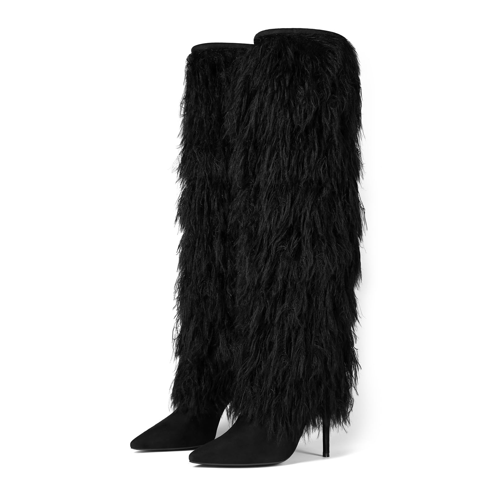 Fringed Fur Pointed Toe Stiletto High Heel Fur Slip-On Knee-High Boots Furry Clubwear Hand-Woven Plush Shoes for Party
