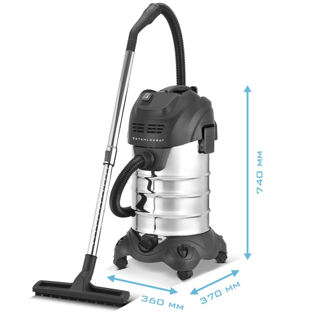 STAHLWERK Aspirador Agua y Polvo VCL-1600 ST - Aspirador industrial de 1600 W con tanque de acero inoxidable de 35 L, función de soplado, parada de seguridad y amplia gama de accesorios, aspirar