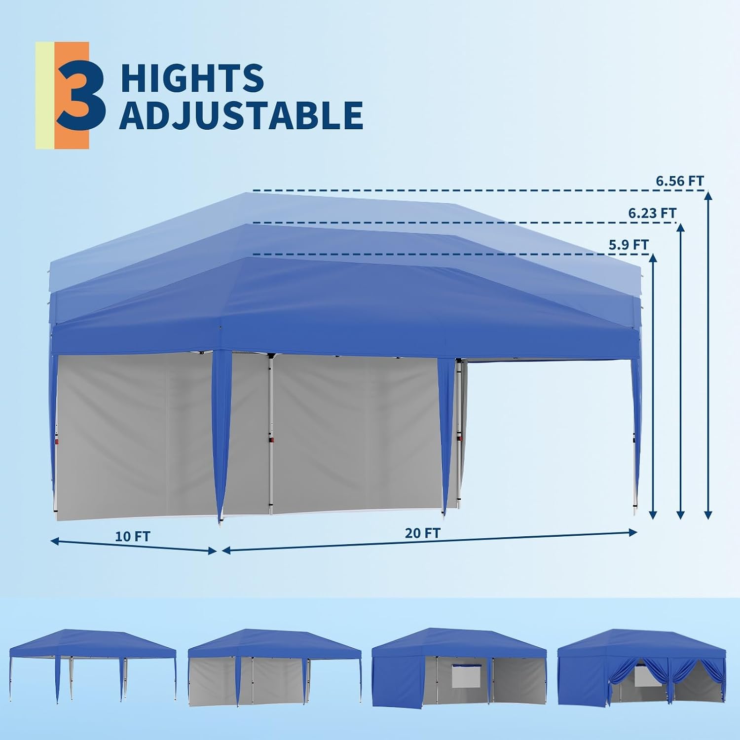 GarveeLife 10x20 Pop Up Canopy with 2 Sidewalls - Heavy Duty Outdoor Canopy Tent with Portable Roller Bag - 3 Adjustable Height, 4 Weight Bags, 8 Stakes & 6 Guy Ropes Included, Blue
